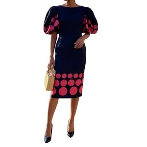 #A103  For Her NYC Black Vintage  Fuchsia Polka Dot Puff Sleeve Dress NWT M